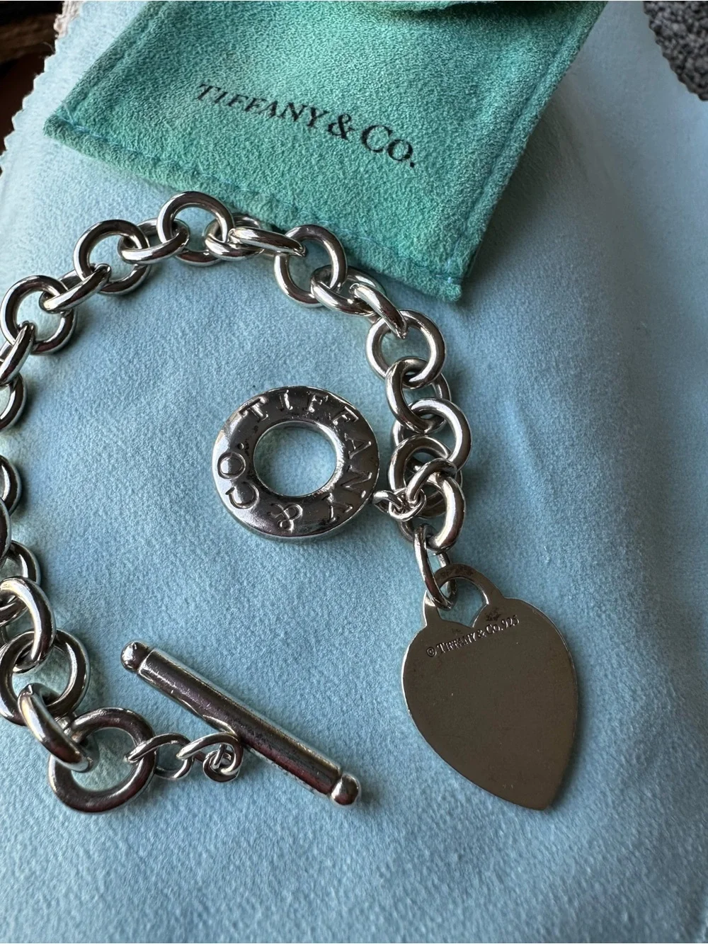 Tiffany & Co. Silver Heart Toggle Charm Bracelet - Teal Pouch